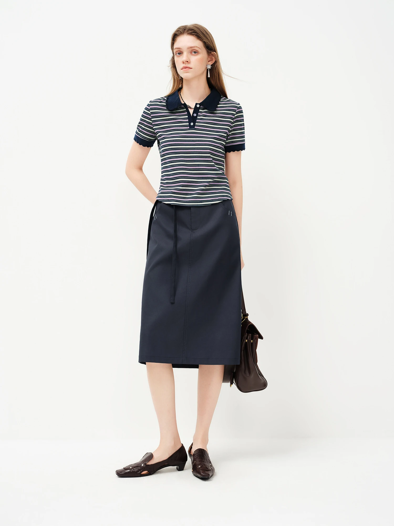 FSLE Color-blocked Knotted Belted A-line Midi Skirt A New Spring 2026 Style Straight Commuting Office Elegant Ladies