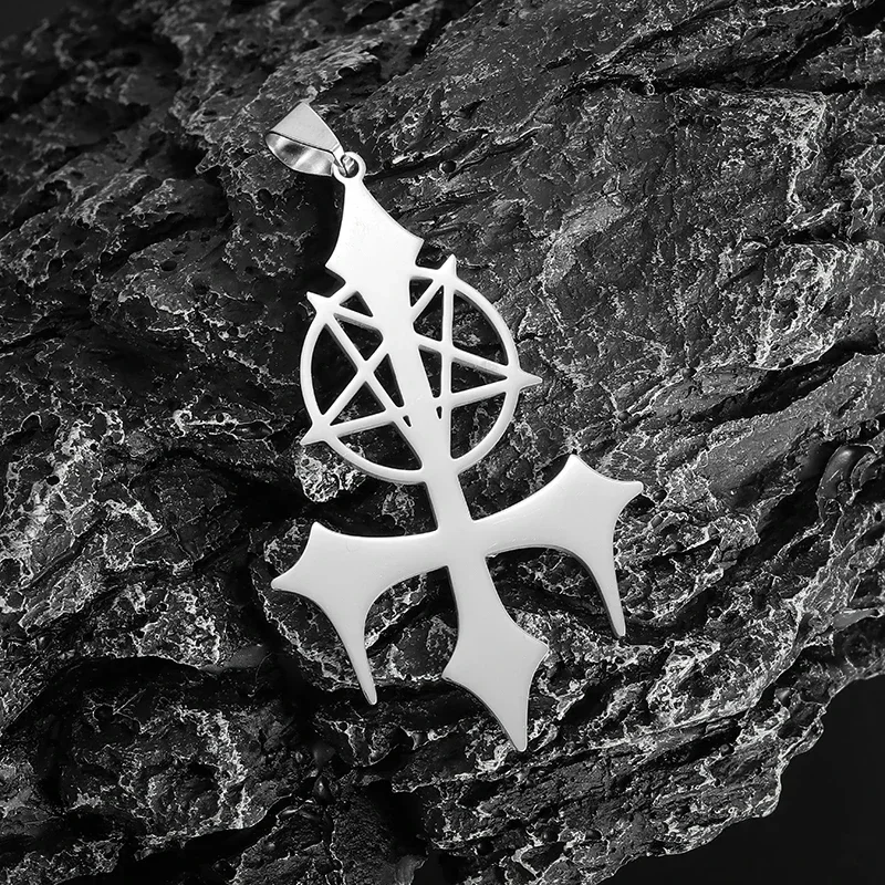 Stainless Steel Inverted Pentagram Devil Symbol Pendant Necklace Men's Gothic Trident Cross Evil Power Jewelry