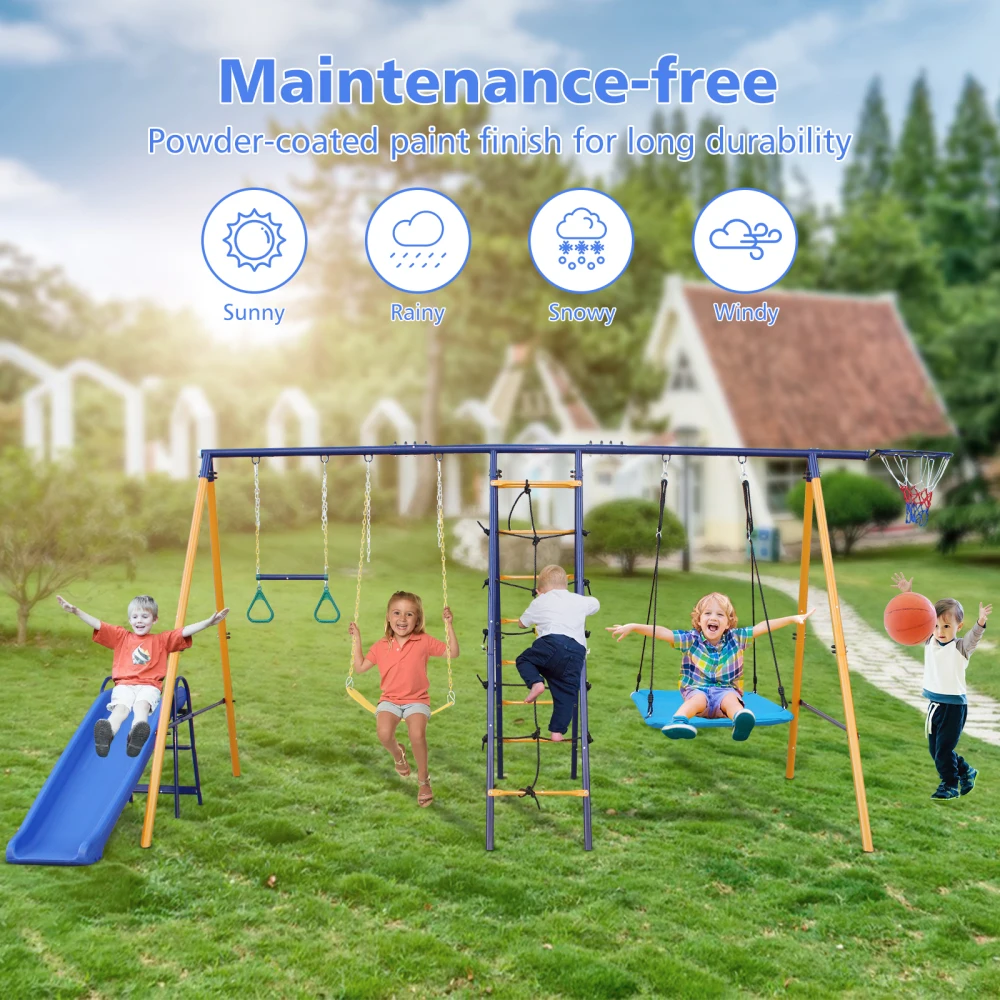 500 lbs 7 in 1 Swing Set for Kids Backyard Outdoor A-Frame Heavy-Duty Metal Swing Sets with Slide, 2 Swing Seats 1 Climbing Net