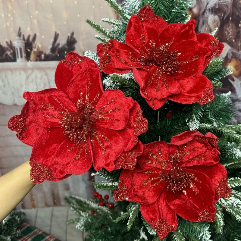 ChristChristmas Artificial Poinsettia Flower Red Glitter Flowers Simulation Magnolia Xmas Tree Wreaths Wedding Party Decorations