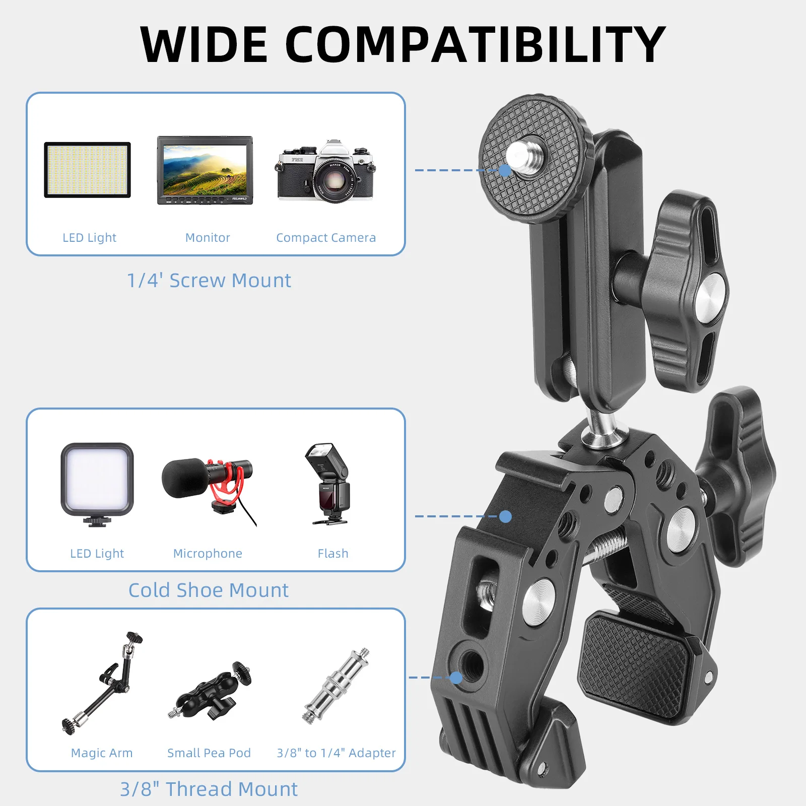 Super abrazadera brazo mágico garras de cangrejo abrazadera adaptador de montaje de cámara de acción para trípode tubo barra transversal cardán Monitor teléfono móvil