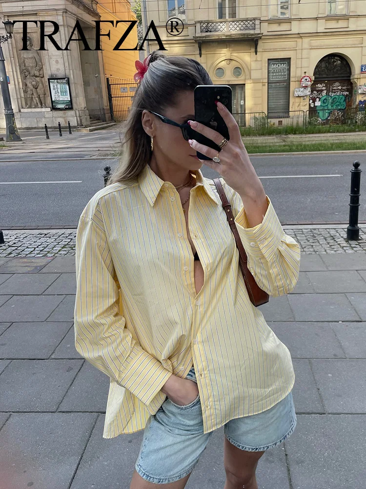 TRAFZA Blouse Women Summer New Fashion Yellow Lapel Striped Single Breasted Shirts Female Chic Casual Loose Simple Shirt TRAF