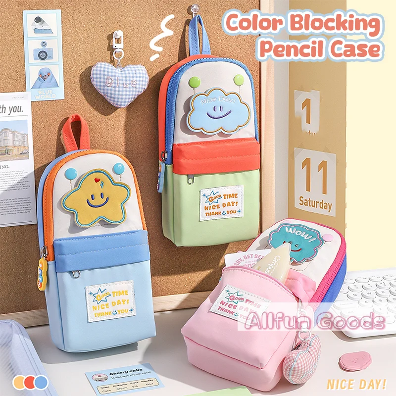 Trousse à crayons grande capacité [TG835] pour petit cartable écolier – Trousse à crayons colorée à blocs de couleur, design élégant et grande capacité