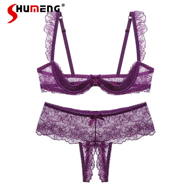 

Purple Lace Push Up Bra Set for Ladies Small Chest Underwire Intimates Suit Women's Japanese Style Sexy Underwear Brief Sets