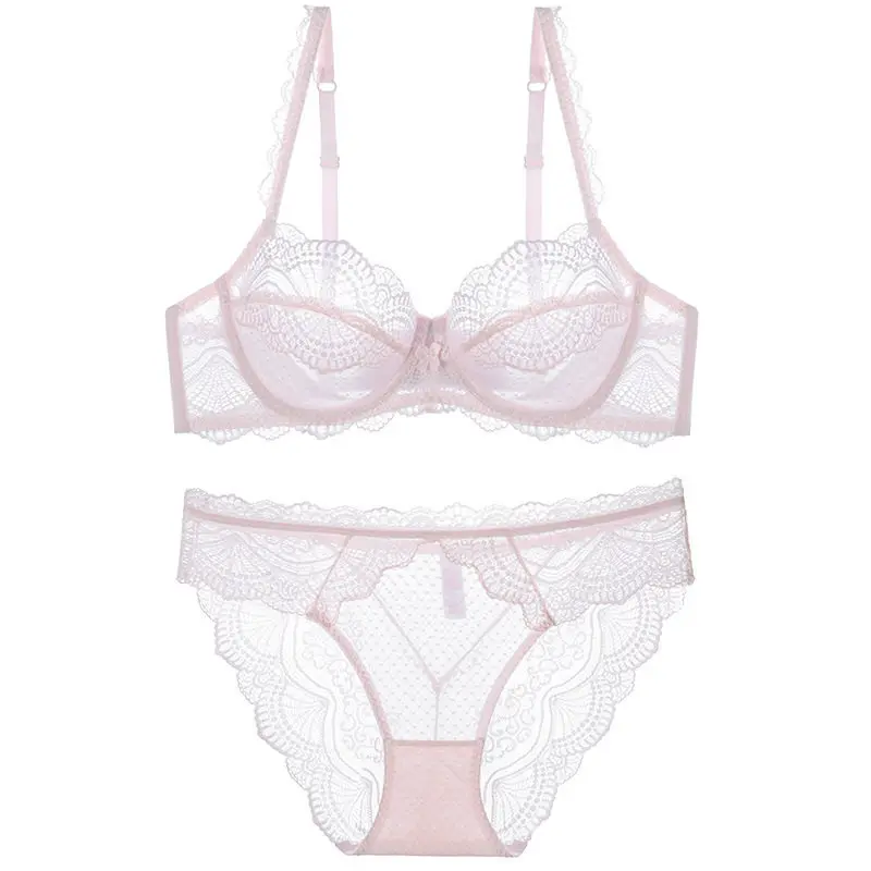 Ultra Thin Minimizer Bra Set Women French Lace Soft Underwire Push Up Anti Sagging Side Smoothing Full Bust Breathable Underwear