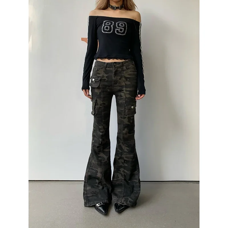 Camouflage Baggy Y2k Cargo Jeans Damen Hohe Taille Harajuku Ästhetische Denim Hose Vintage 2000er Jahre Trashy Hose Pantalones