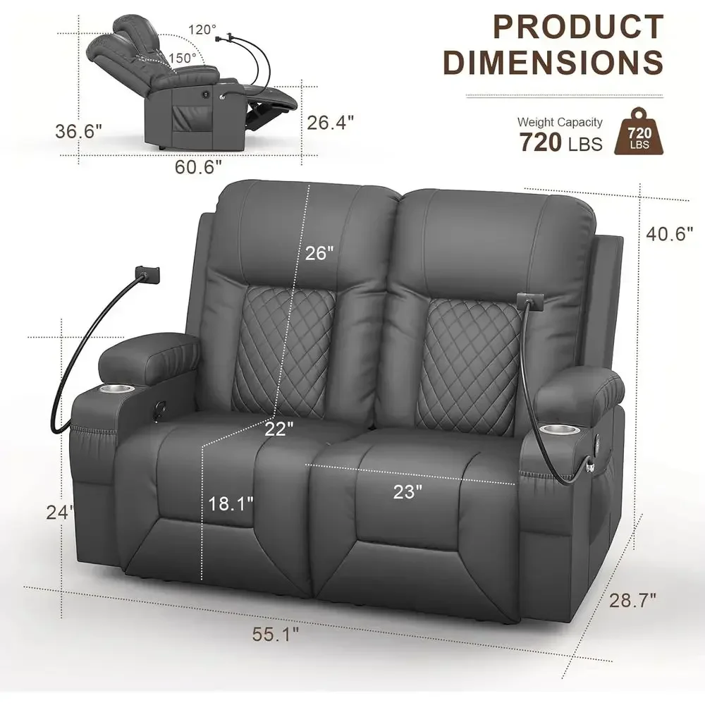 Gray 2-Seater Reclining Loveseat with Cup and Cell Phone Holders, USB Ports