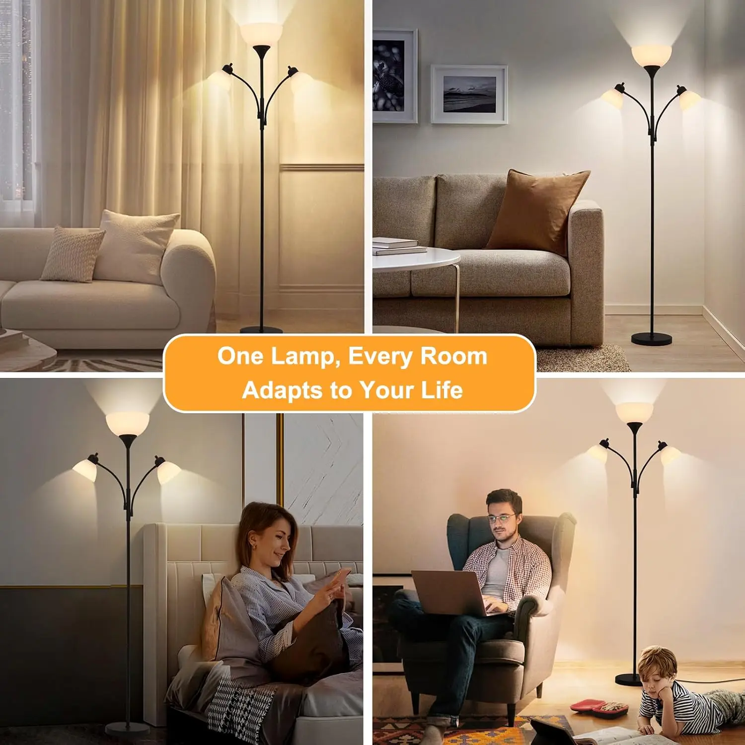 مصباح أرضي 3 في 1 مع أضواء قراءة قابلة للتعديل، مصباح قائم LED قابل للتعتيم لغرفة المعيشة وغرفة النوم والمكتب
