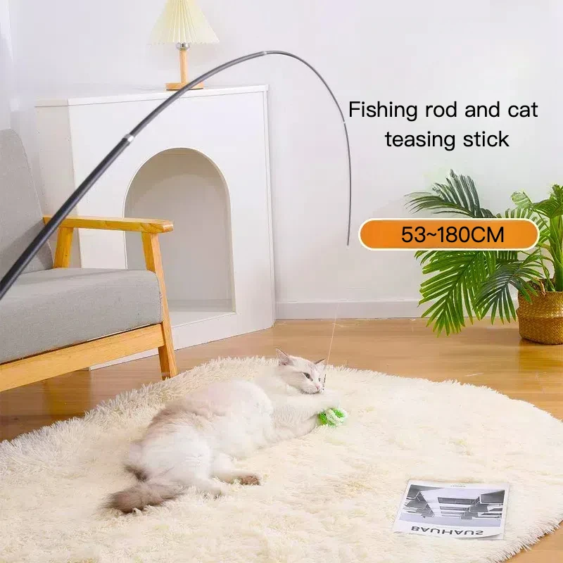 Cat teaser stick with a 1.8-meter-long telescopic pole and four sections that can replace pet toys with interchangeable heads