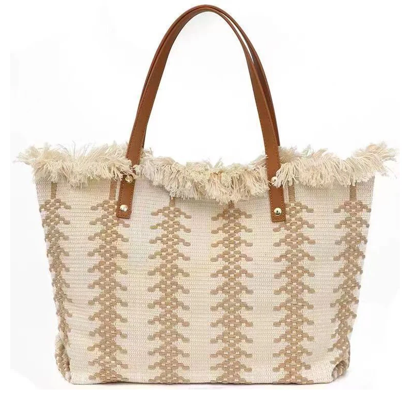 Women Grocery Tote Bag Fringe Large Capacity Canvas Handbag Summer Beach Reusable Shop Bag Contrasting Color Travel Shoulder Bag