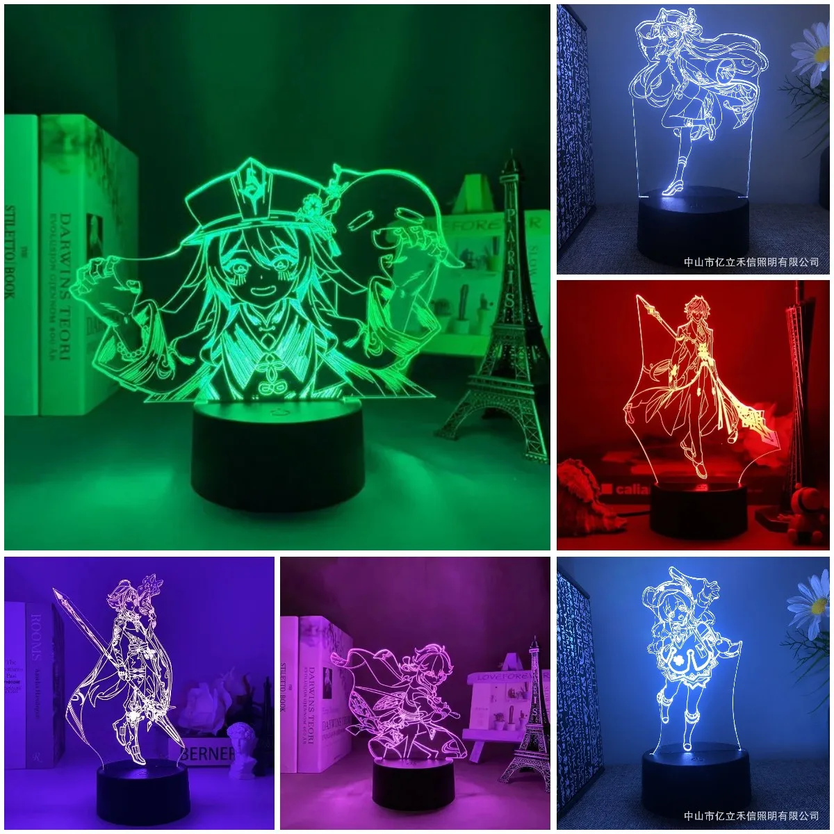 3D Acrylic LED Night Light Genshin Impact Anime Figures Model Hu Tao Lamp RGB Touch Decorative Table Lamp Xmas New Year Gifts