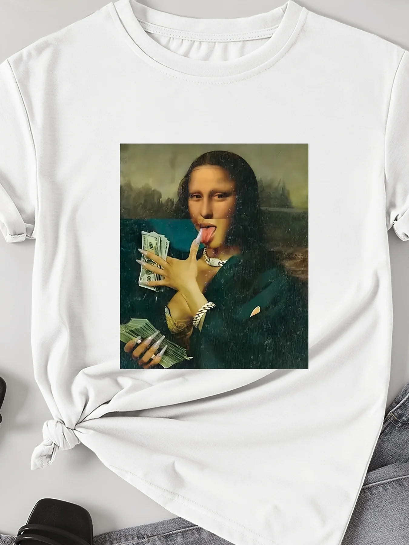 

Women's Black Humorous Mona Lisa Money Bills Graphic Casual Short Sleeve Summer Short Sleeved Harajuku Streetwear