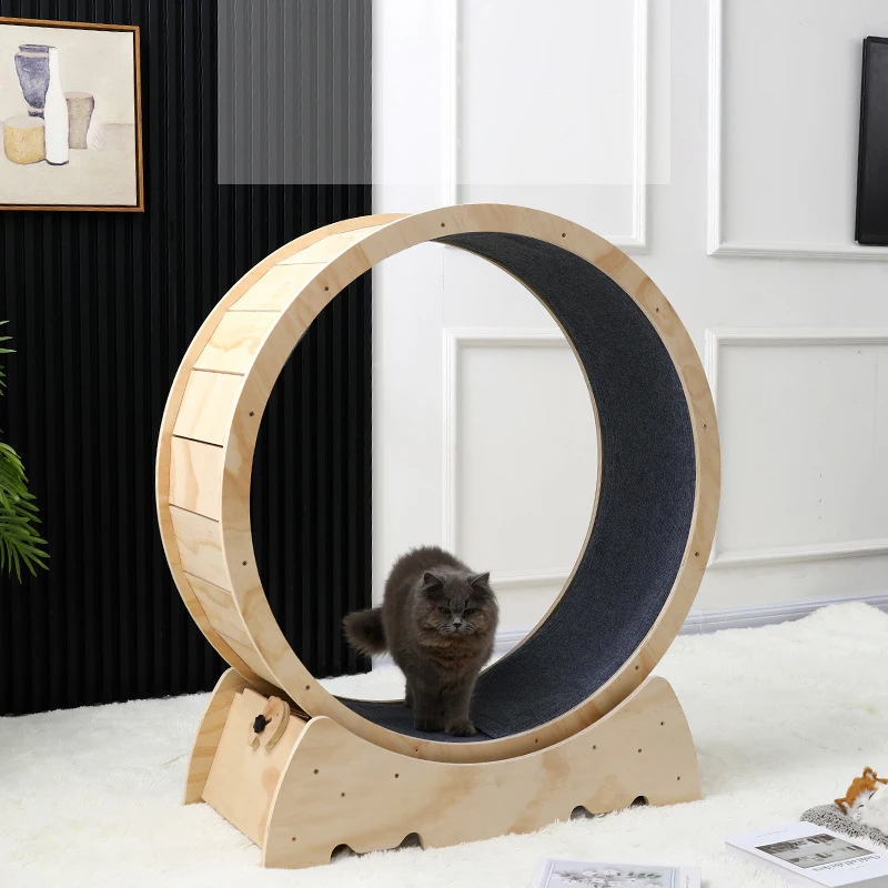 Wooden Cat Exercise Wheel Indoor Cats Running Treadmill Wheel  With Carpeted Runway Fitness Weight Natural Wood For Kitty