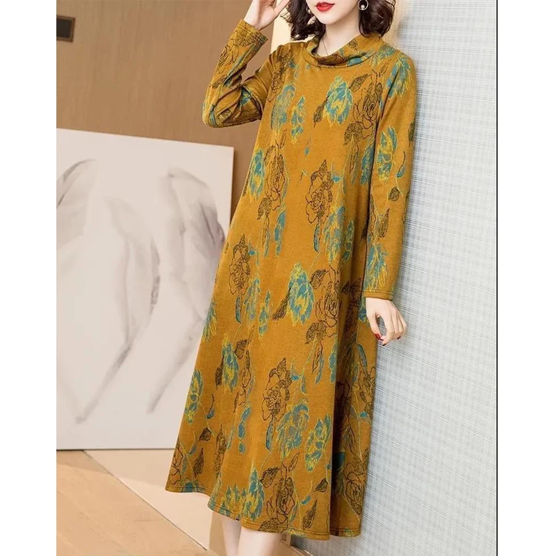 Primavera autunno moda donna stampa floreale oversize stile etnico abiti eleganti Casual mezzo collo alto manica lunga vestito Midi