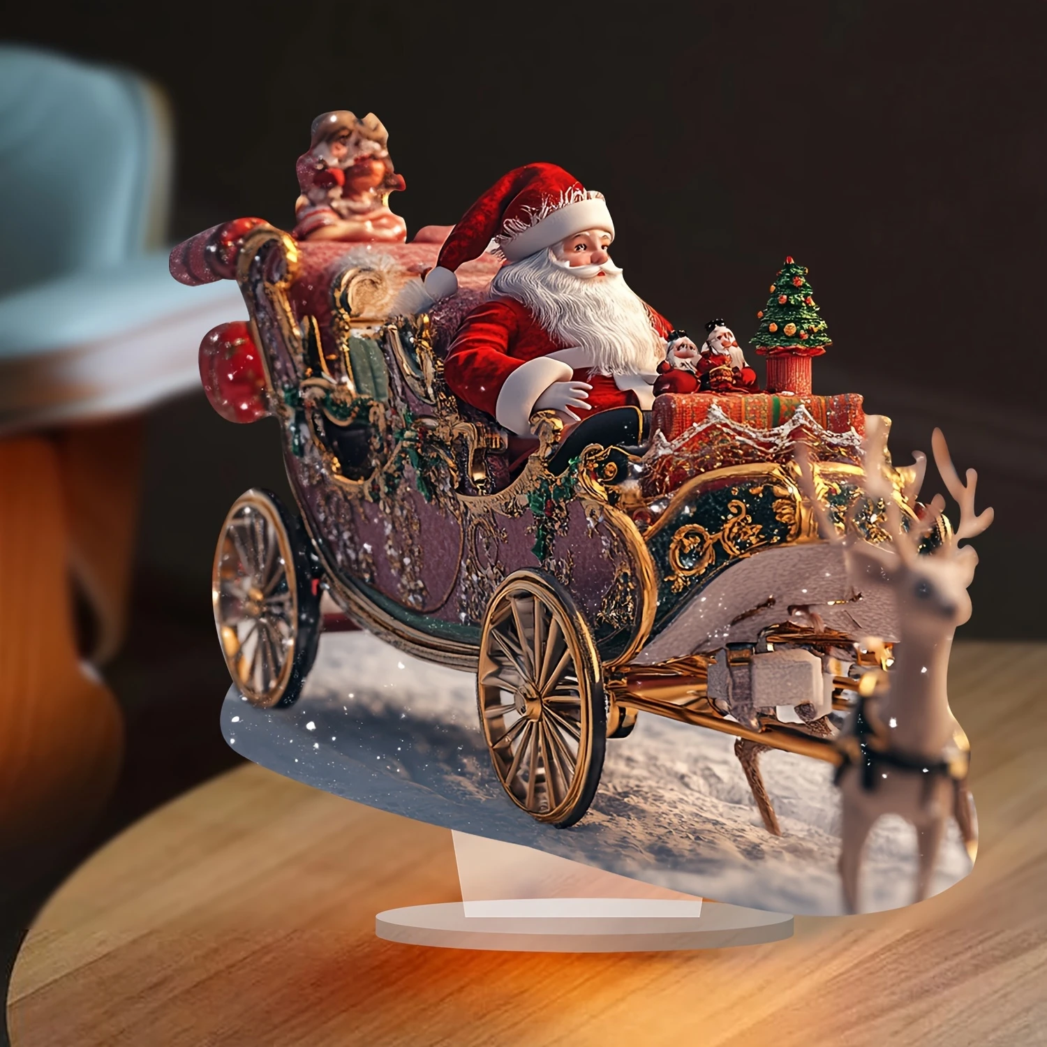 2D Retro Santa Reindeer Carriage 10in Acrylic Decorative Piece Colours Home Decoration Table Decoration 2026 New Year Gift