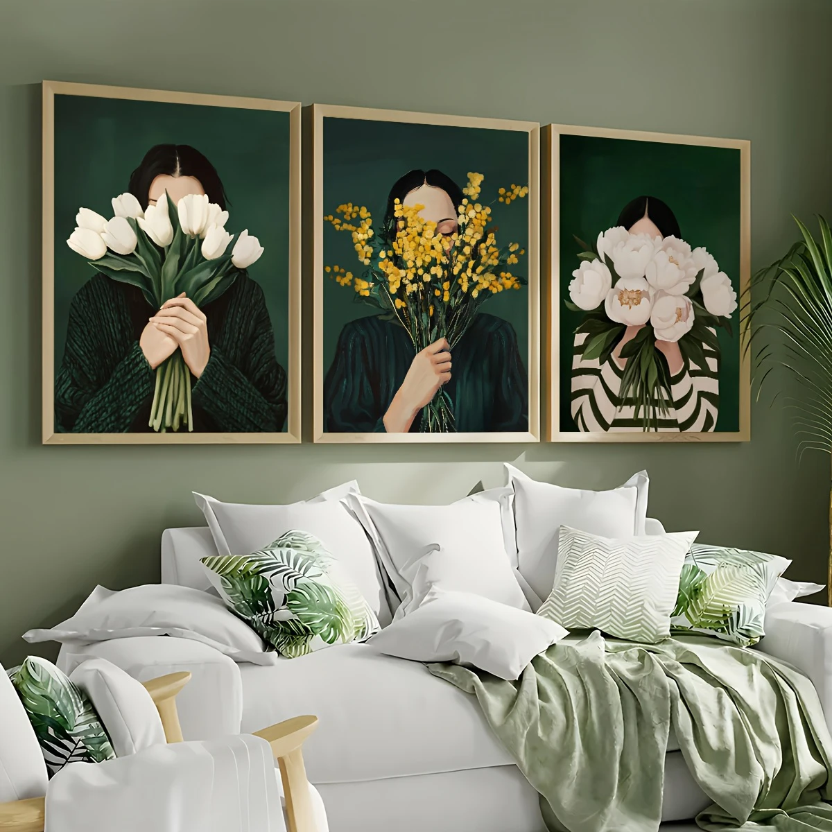 1pc frameless Canvas Painting Emerald Abstract People Art Poster Woman with Flowers Minimal Japandi Female Abstract Poster Wall
