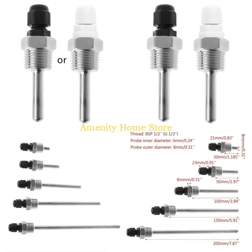 F26C 30-200mm Thermowell Stainless Steel 304 1/2in Thread for Temperature Sensors Beer Fermenter Homebrew Boiler