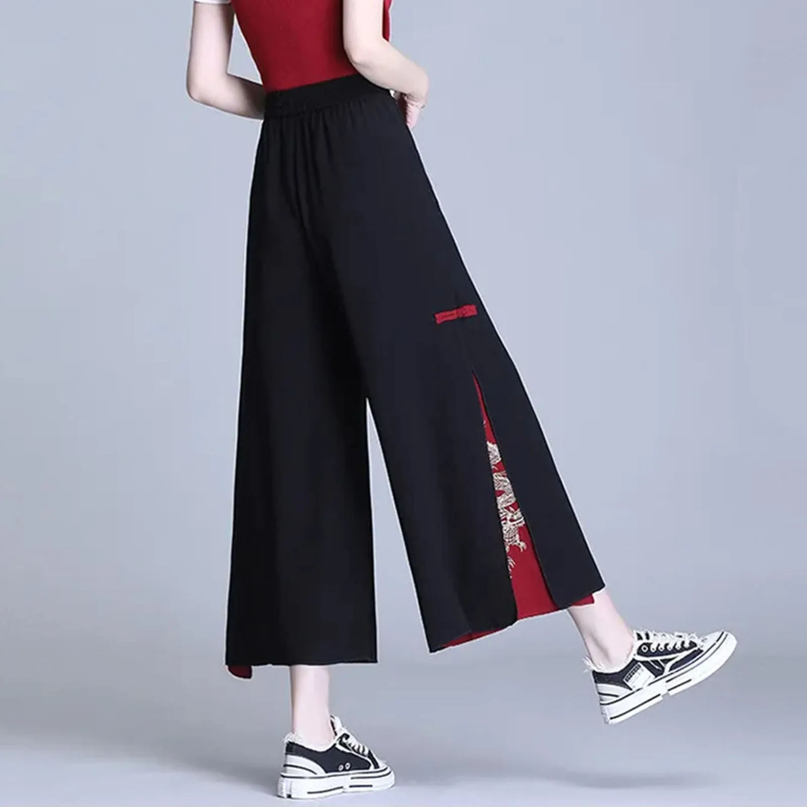 Ladies’ Wide-leg Casual Loose Chinese-style Classic Chiffon Nine-point Trousers High-waist Dance Culotte Split Skirt Pants