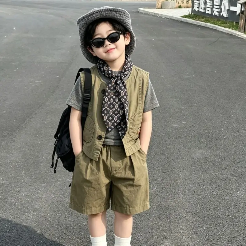 

Toddler Boys Khaki Cargo Vest Set, Sleeveless Workwear Vest + Cotton T-Shirt + Elastic Waist Shorts, Breathable Summer Outfit