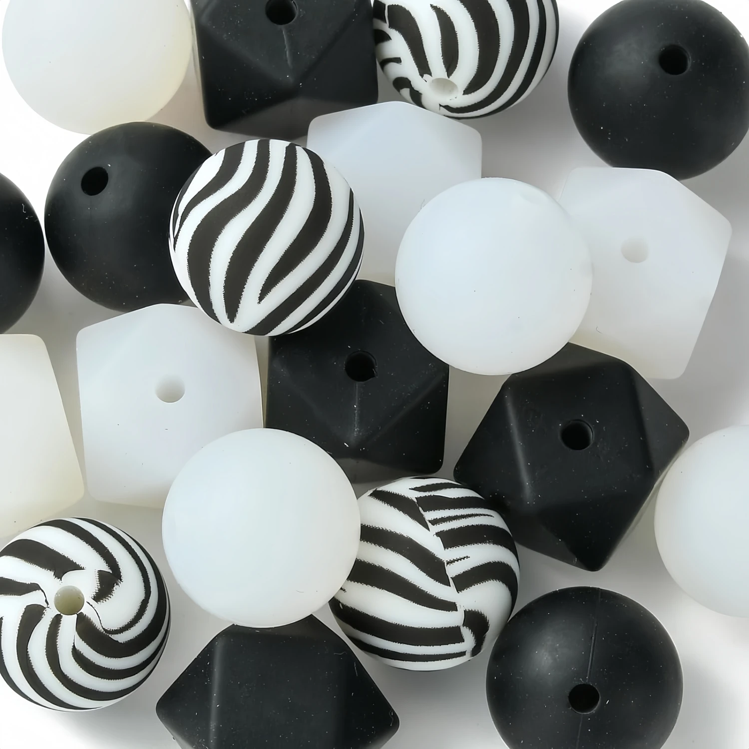 20pcs Gray white Silicone Burnt Beads Round 15mm Spacer Beads Polygon Zebra Stripe Soft Rubber Beads DIY Home Decor Crafts Bangle Keychain Making