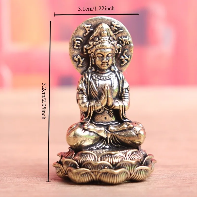 Vintage Brass Guan Yin Figurine, Sitting on Lotus Statue with Mantra Backplate, Mini Desktop Ornament,Craft Decor  Gift