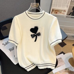 Summer Elegant Bowtie Pearl Beaded Sweater Knitwear Women Vintage Stylish Fashion Chic Pullover Tops Short Sleeve O-neck Jumpers