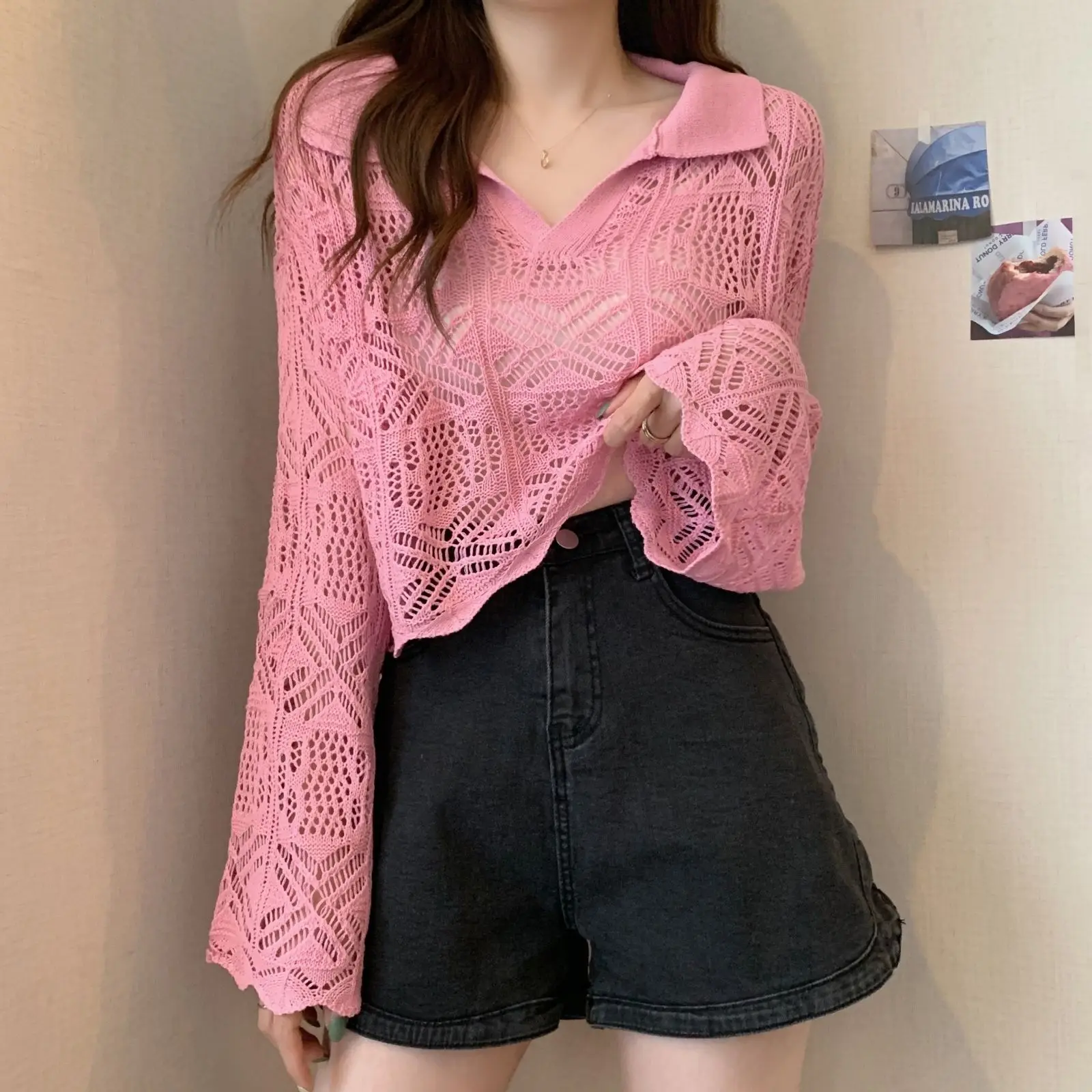 Spring and Summer Hollow Out Design Long Sleeved Knitted Sweater for Women with Flared Sleeves and Spicy Girl Top