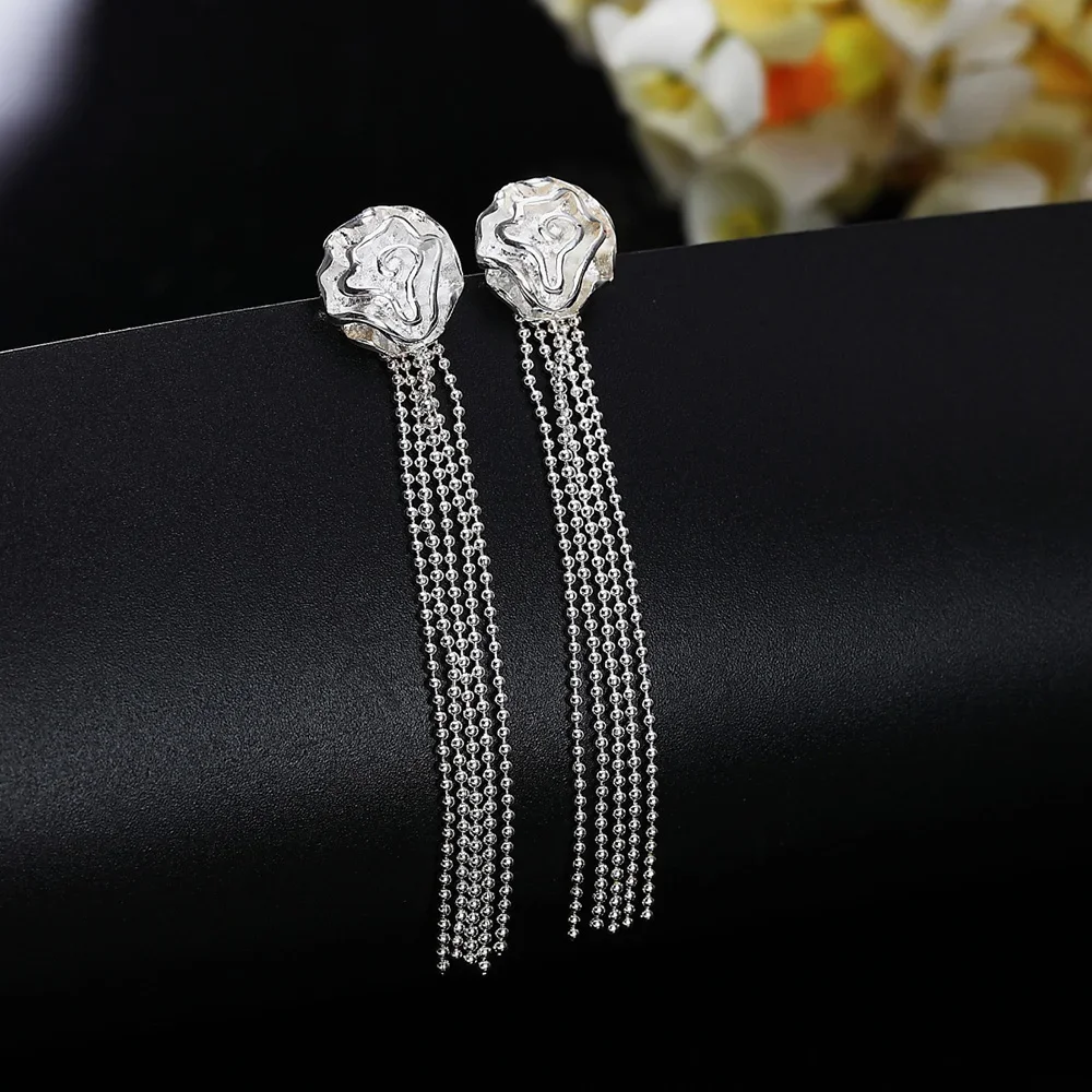 Hot Fine 925 Sterling Silver tassel Rose flower stud Earrings for Women Holiday gifts Fashion Brands Wedding party lady Jewelry