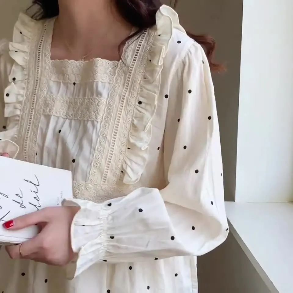 2 PCs/Set Spring Autumn Pure Cotton Postpartum Breastfeeding Lace Print Maternity Nursing Clothing Pregnant Women Pajamas Suit view 2