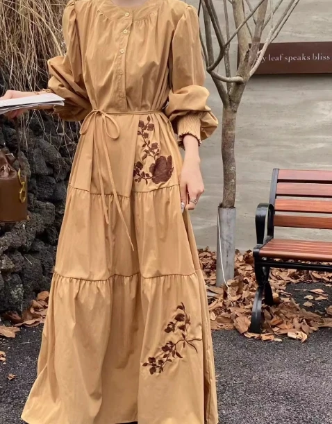 Vestidos Elegantes de manga larga con cuello redondo para mujer, vestidos de vendaje delgados con botones, Vintage, bordado de rosa, vestidos de noche franceses, High Street, otoño