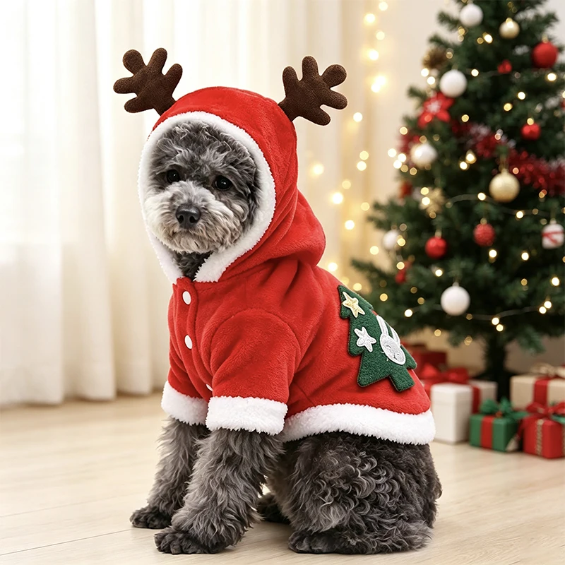 Weihnachts-Rentier-Hundehoodie aus weichem Flanell, warme zweibeinige Haustierkleidung, Weihnachts-Cosplay-Kostüm für kleine Hunde und Katzen – Detail 1