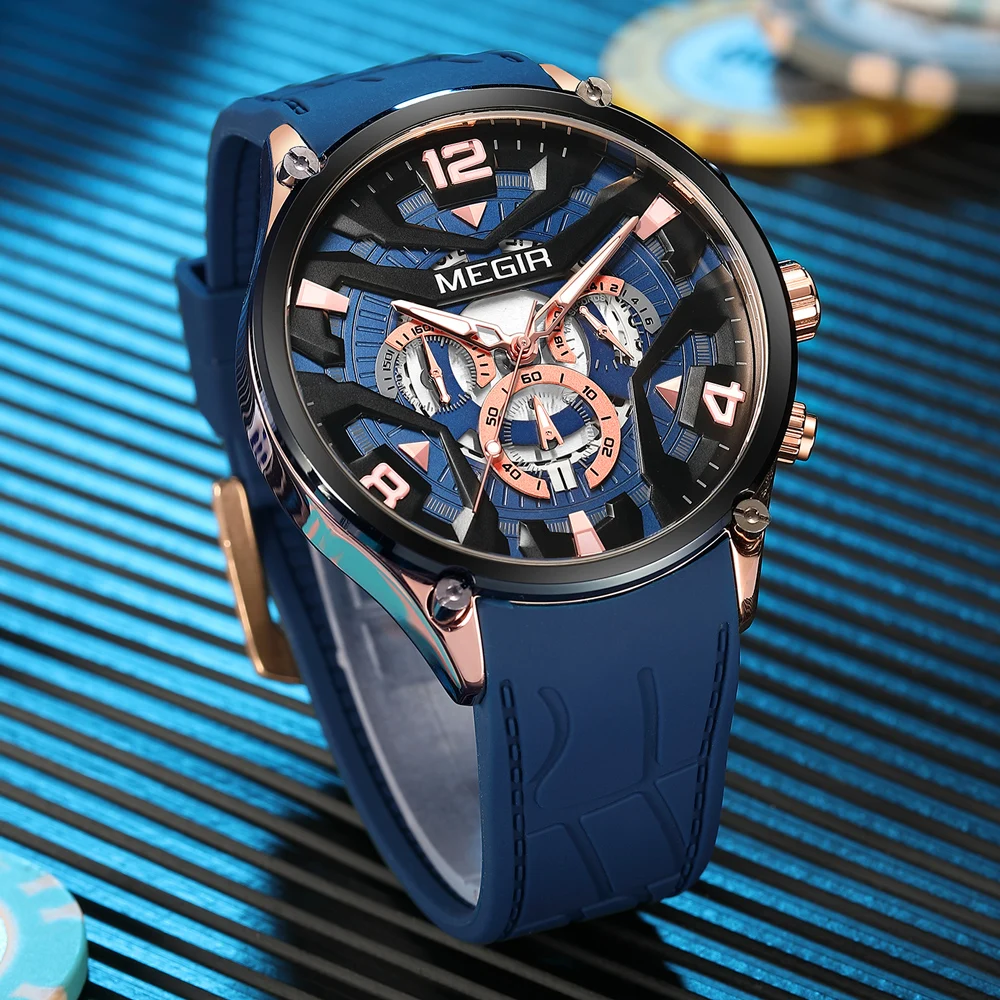 MEGIR Military Sport Quartz Watch Men Navy Blue Silicone Belt Waterproof Male Wristwatch with Date Chronograph Luminous Hands