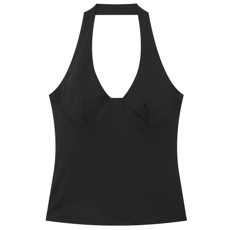 HXAO Halter-Top für Damen, Sommerliches Ärmelloses Crop-Top, Rückenfreies Bustier-Oberteil in Beige und Schwarz, Schulterfreies Korsett – Detail 9