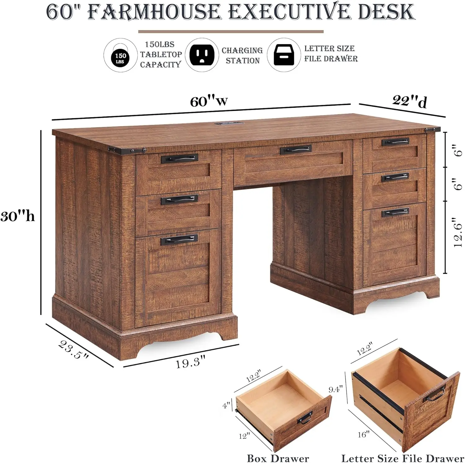 Farmhouse Executive Desk with Drawers, Wood Home Office Desk w/Charging Station, Keyboard Tray, File Drawer, Storage Cabinet, Ru