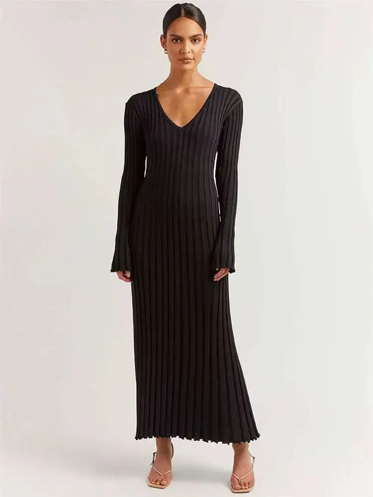 Women's Sexy Ribbed Knit Sweater Dress Casual Long Sleeve V Neck Bodycon Pleated A Line Long Dress Streetwear