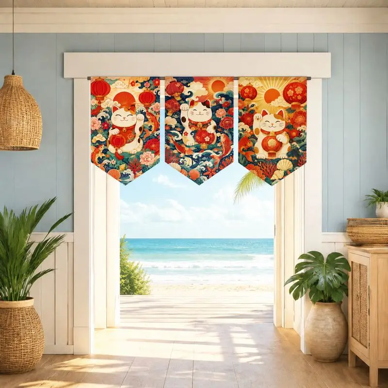 VIKAMA Triangle Flag Door Curtain Lucky Cat Red Lantern Peony Bell Pennant Banner Door Hanging Chinese Japanese Style Home Decor