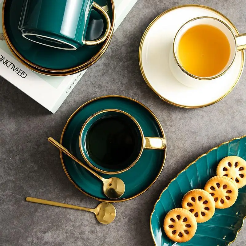 European Luxury Green Glazed Gold Plated Mug Cup Afternoon Tea Set High Beauty Phnom Penh Room Coffee Cup And Plate Set