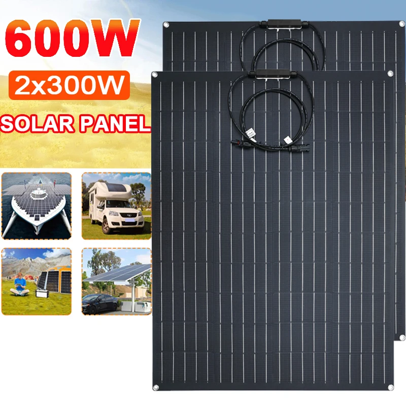 18V 300W 600W Flexible Solar Panel Kit Monocrystalline Solar Power Cells Charger for Outdoor Camping Yacht Motorhome Car RV Boat