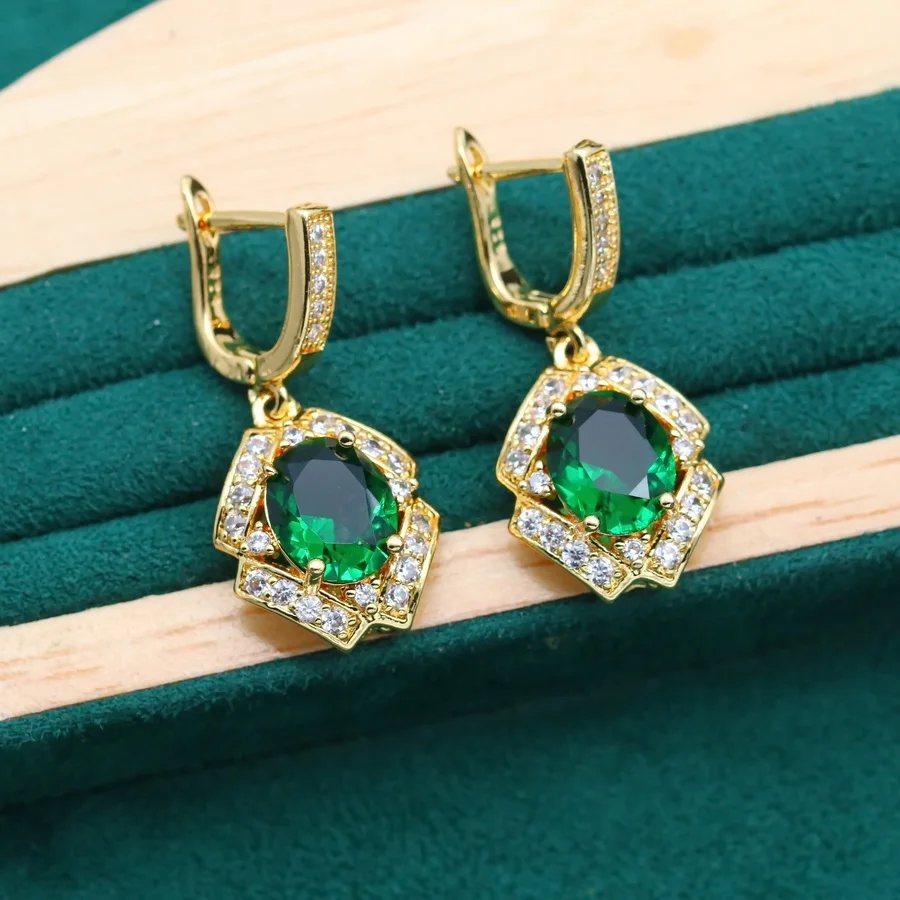 Luxurious Green Zircon Gold Color Jewelry Sets for Women Wedding Bracelet Earrings Necklace Pendant Open Ring Dating Gift