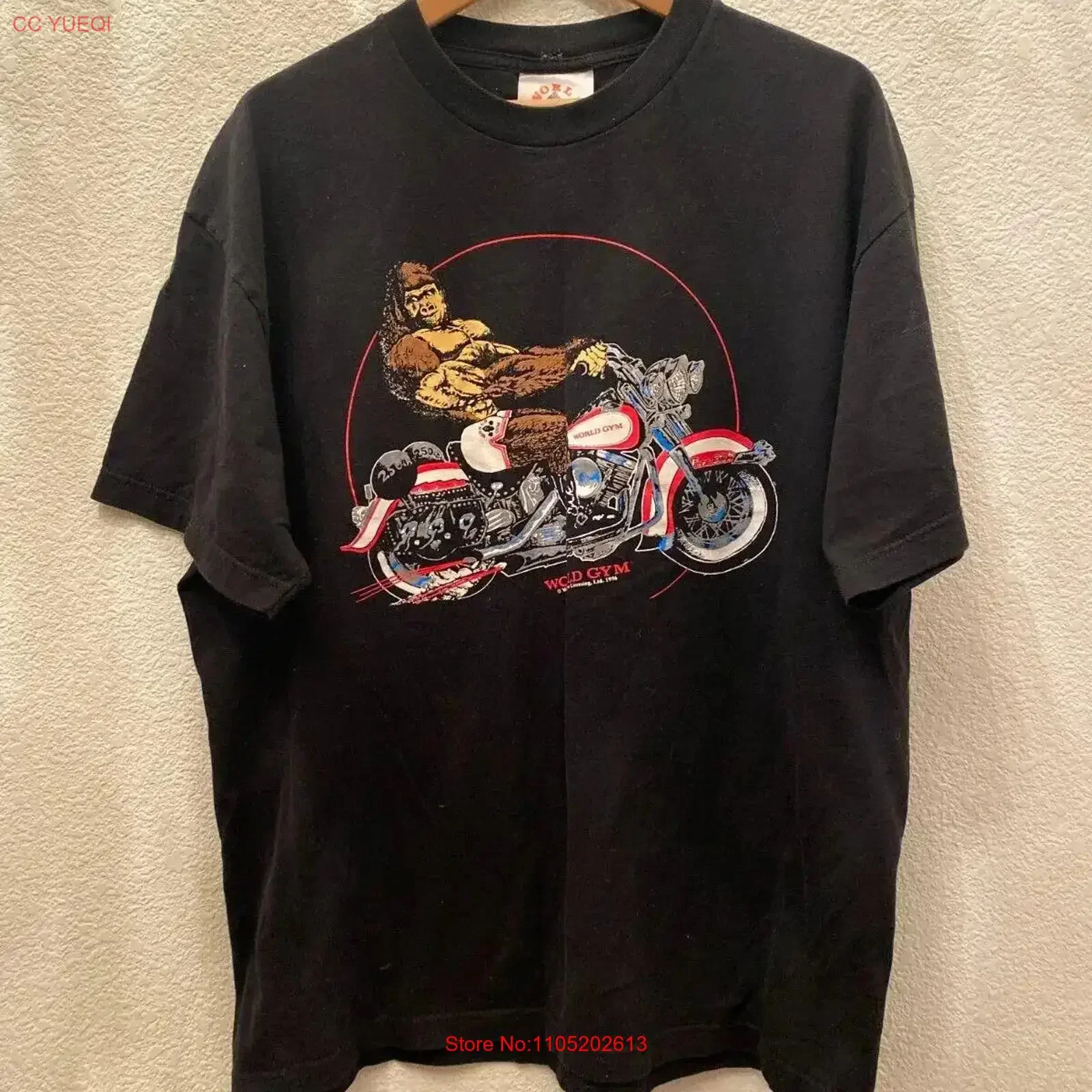 تي شيرت عتيق لصالة الألعاب الرياضية العالمية غوريلا 1996 90s تي شيرت XL VTG نادر كمال الأجسام عتيق مغسول غير رسمي ممتد متعدد الاستخدامات