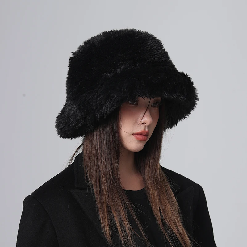 2024 Square Flat Roof Fashion Autumn Winter Leopard Fur Bucket Hat Ball Plush Fisherman Hat Soft Warm Thick Bucket Hats R106