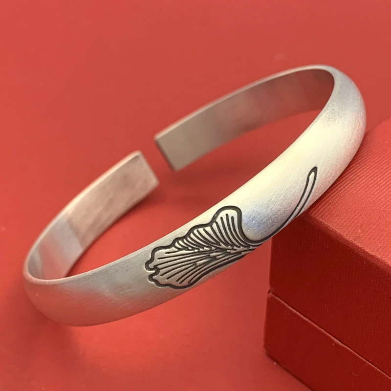 Vintage Matte S999 Sterling Silver Open Bangle Ladies Embossed Ginkgo Leaf Pattern Adjustable Wrist Bracelet Gift for Her
