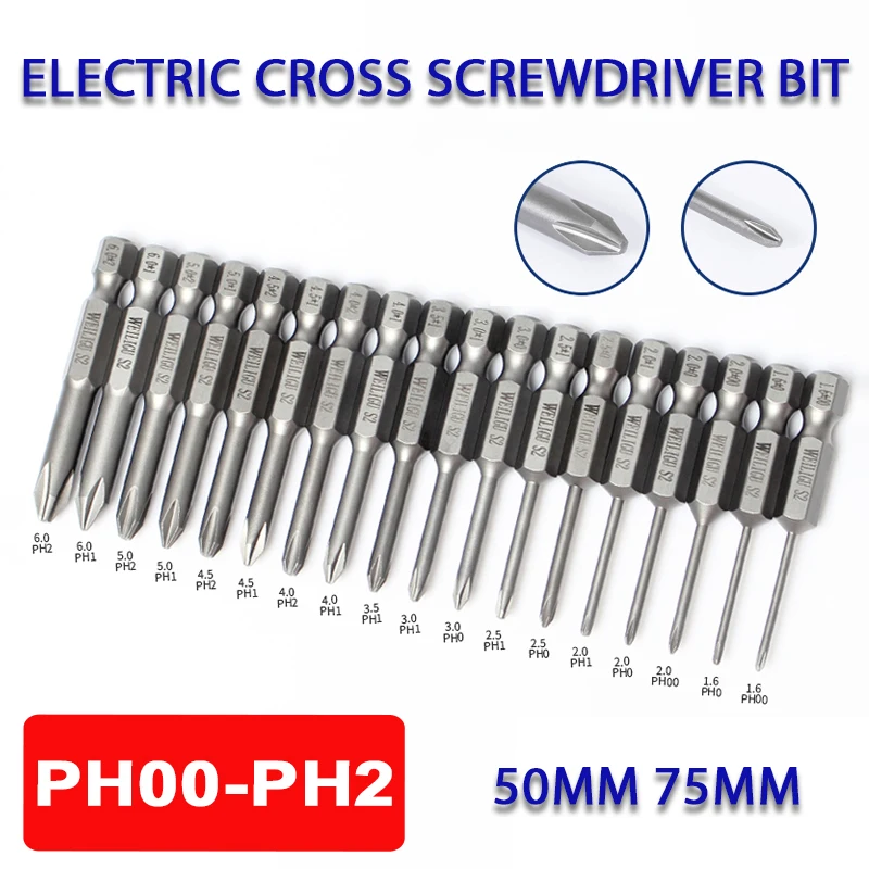 

1pcs Electric Cross Screwdriver Bit 50/75mm PH00-PH2 Phillips Magnetic Batch Head Drill Bit Hex Shank Impact Screw Driver Bit