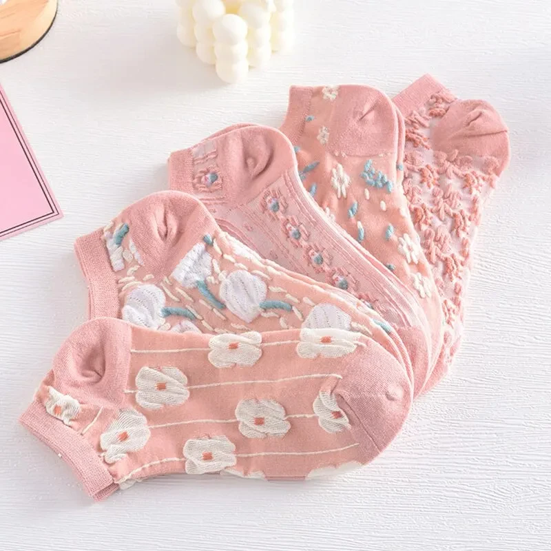 Flower 3D Textured Ankle Socks 5 Pairs Vintage Style Thin Low Cut Hosiery for Womenity Pink Boat Socks Female Kawaii Cute