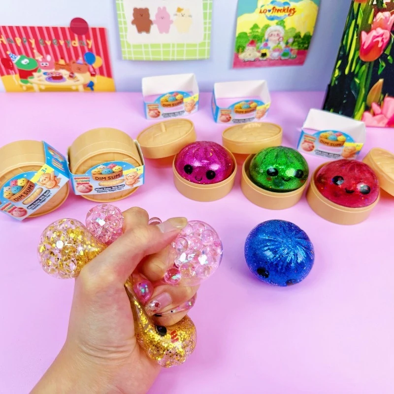 Mini Squishy Dumpling com Contas, Brinquedo Sensorial Realista em Formato de Pão, Bola de Descompressão com Glitter Colorido, Brinquedo Apertável
