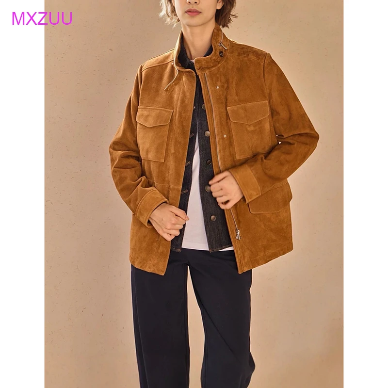 เสื้อแจ็คเก็ตสปริงสำหรับผู้หญิง คุณภาพสูง หนังกลับเด็ก สีคาราเมล/กาแฟ สไตล์วินเทจ คอตั้ง มีกระเป๋า ซิป หนังแกะ Casaco Feminino