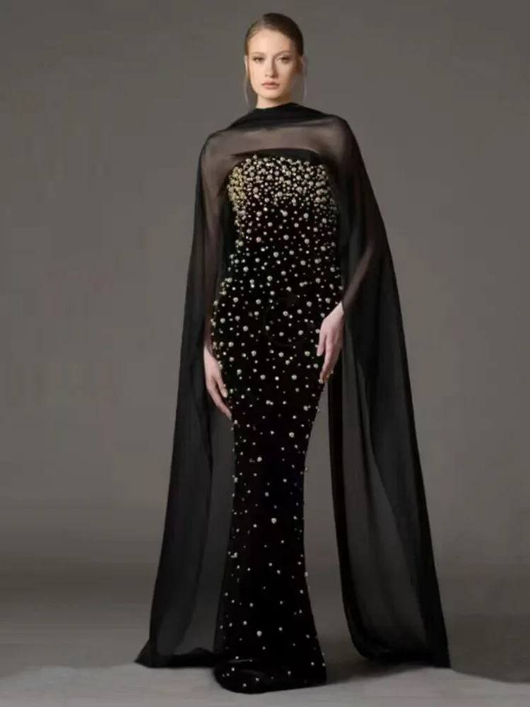 Ele Long Sve Evening Dr con punzón, vestido drapeado con cuentas y tirantes adornados para aniversario de boda Par