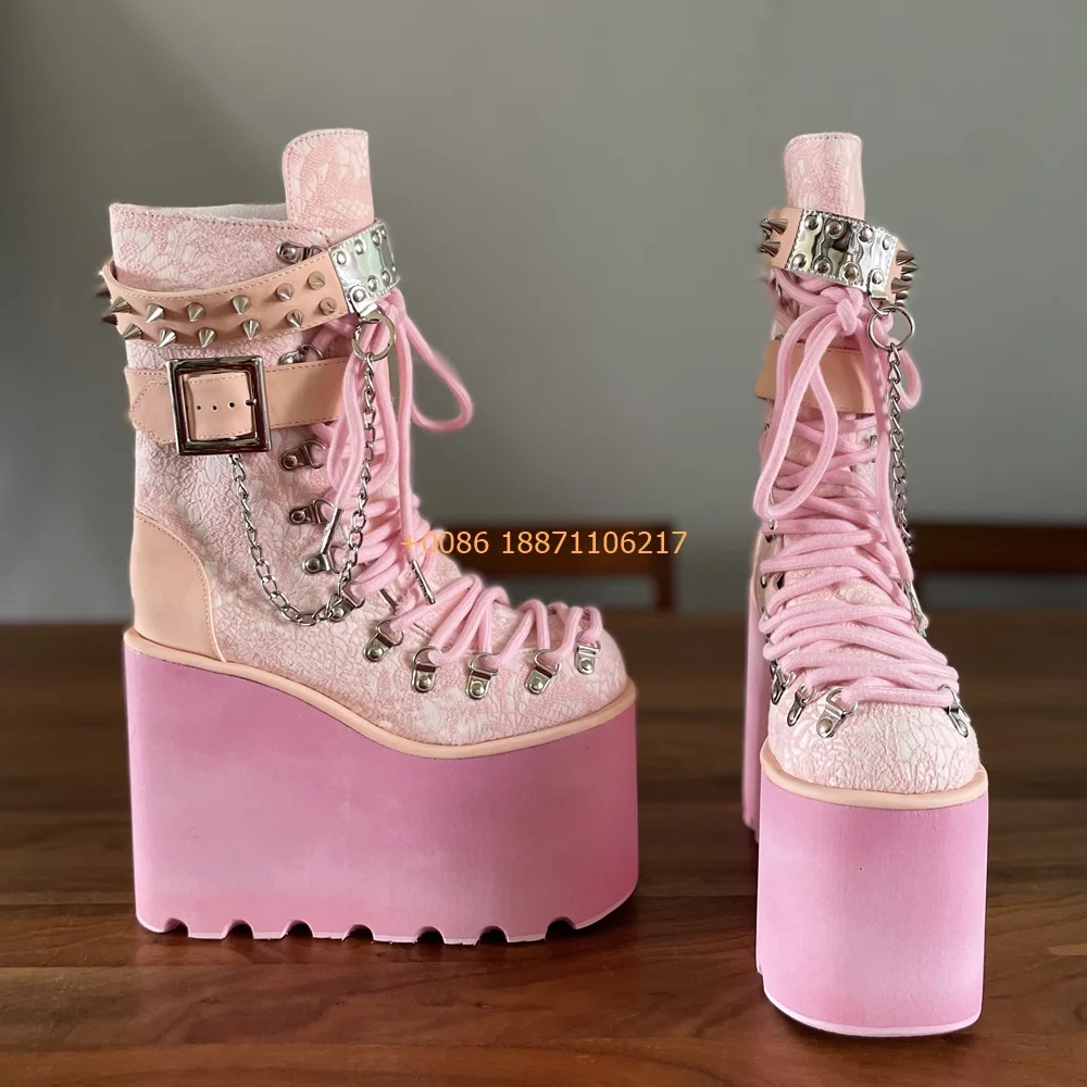 Pink Platform Chain Rivet Boots New Cyberpunk Belt Buckle Rock Boots Party Casual Fashion Ladies Sweet 34-47 Size Wedding Shoes