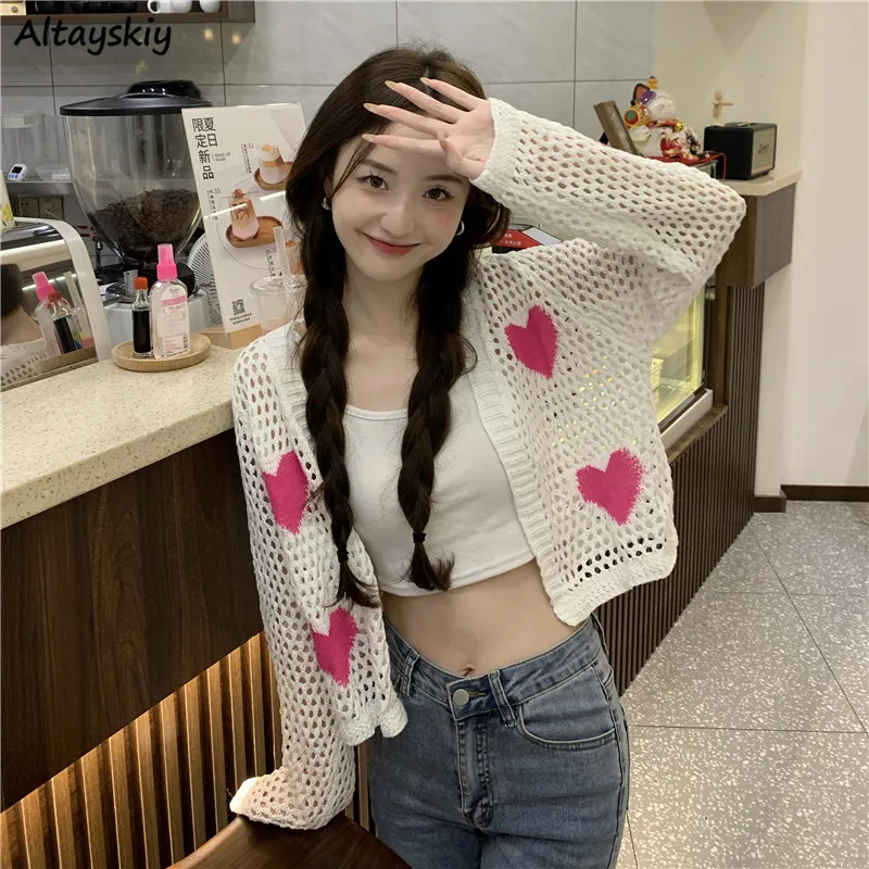 

Korean Chic Heart-print Cardigan Women Panelled Knitted Autumn Hollow Out Cropped Sweet Girls Casual Young Fashion All-match Ins