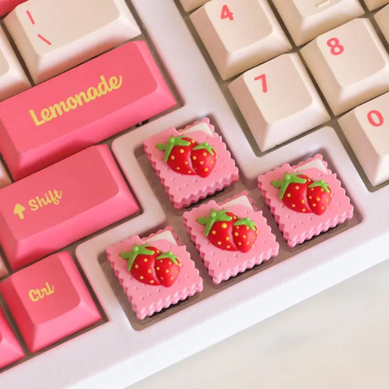 

1 шт., розовые милые колпачки для ключей с клубничным печеньем и печеньем из смолы, персонализированные колпачки для клавиш ручной работы для механической клавиатуры MX
